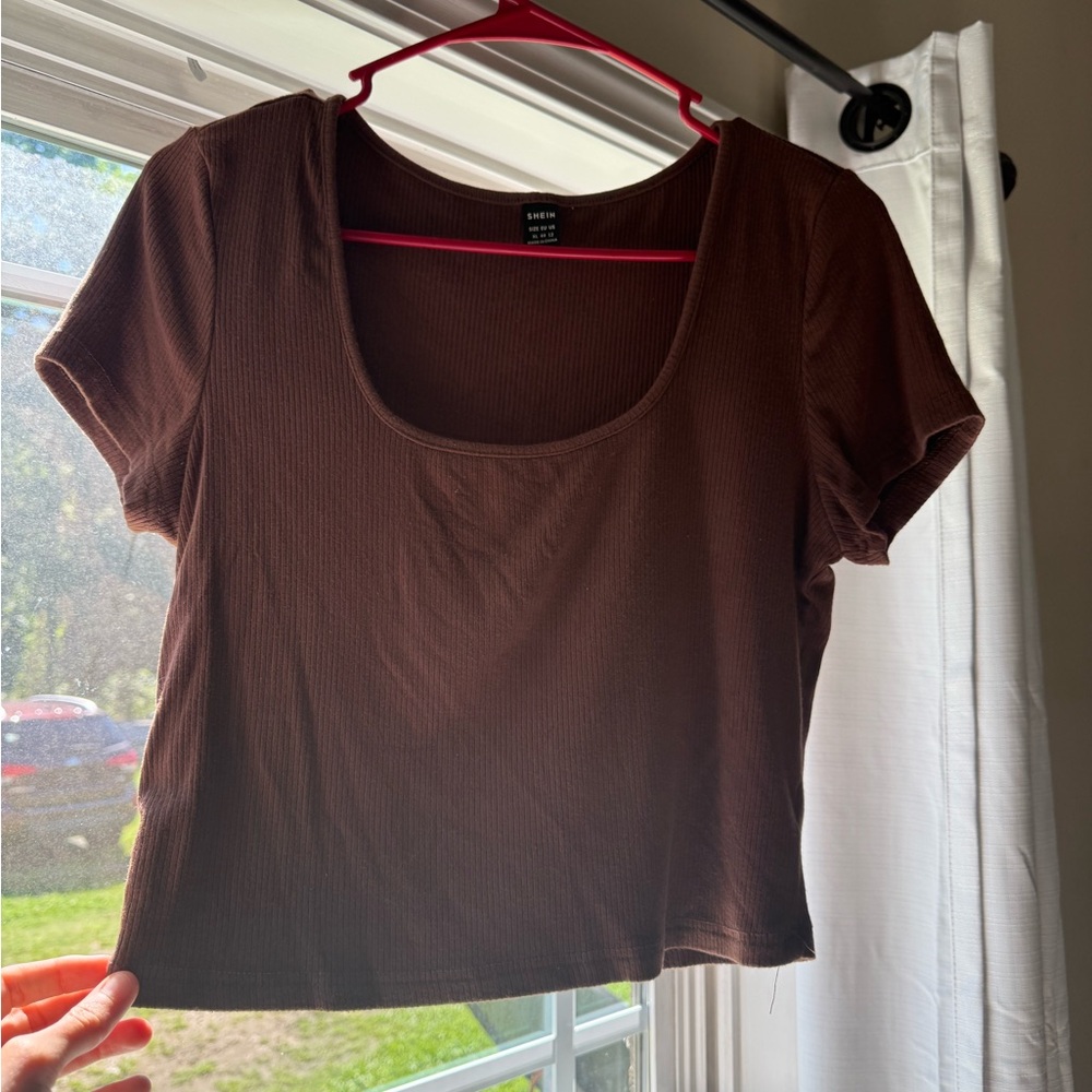 SHEIN Brown Fitted Crop T-Shirt Short Sleeve